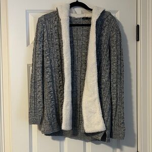 Fur trimmed gray cardigan with hood size medium